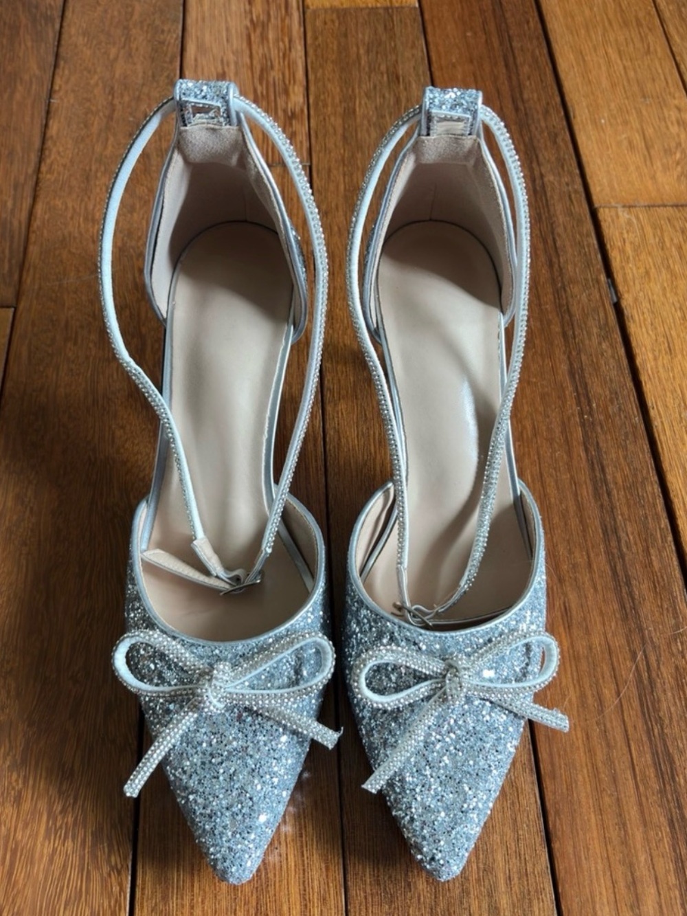 SHEIN Silver Glitter Pointed-Toe Ankle-Strap Heels with Bow - Picture 11 of 11
